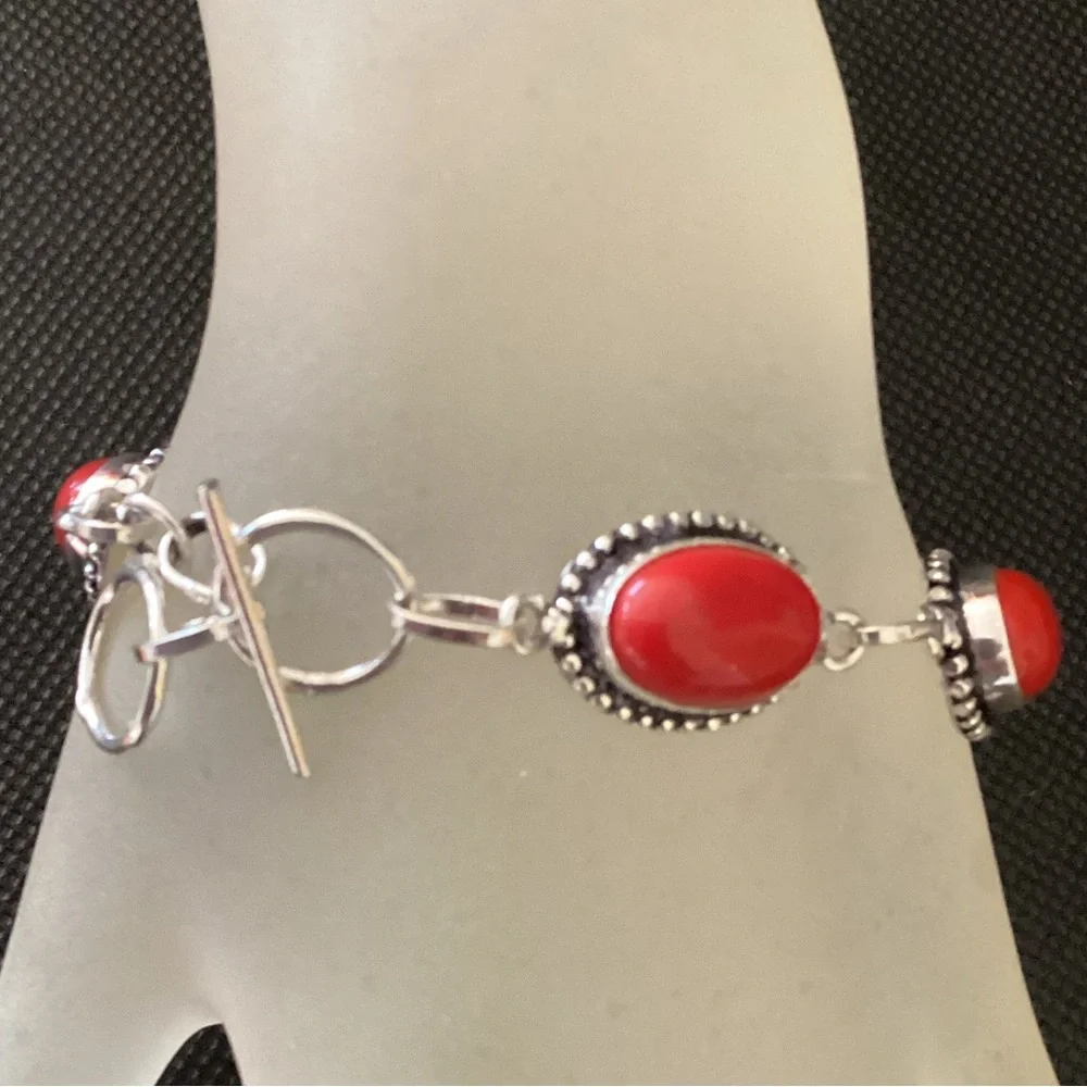 Sterling Silver 925 Coral Link Chain Bracelet - Picture 8 of 12